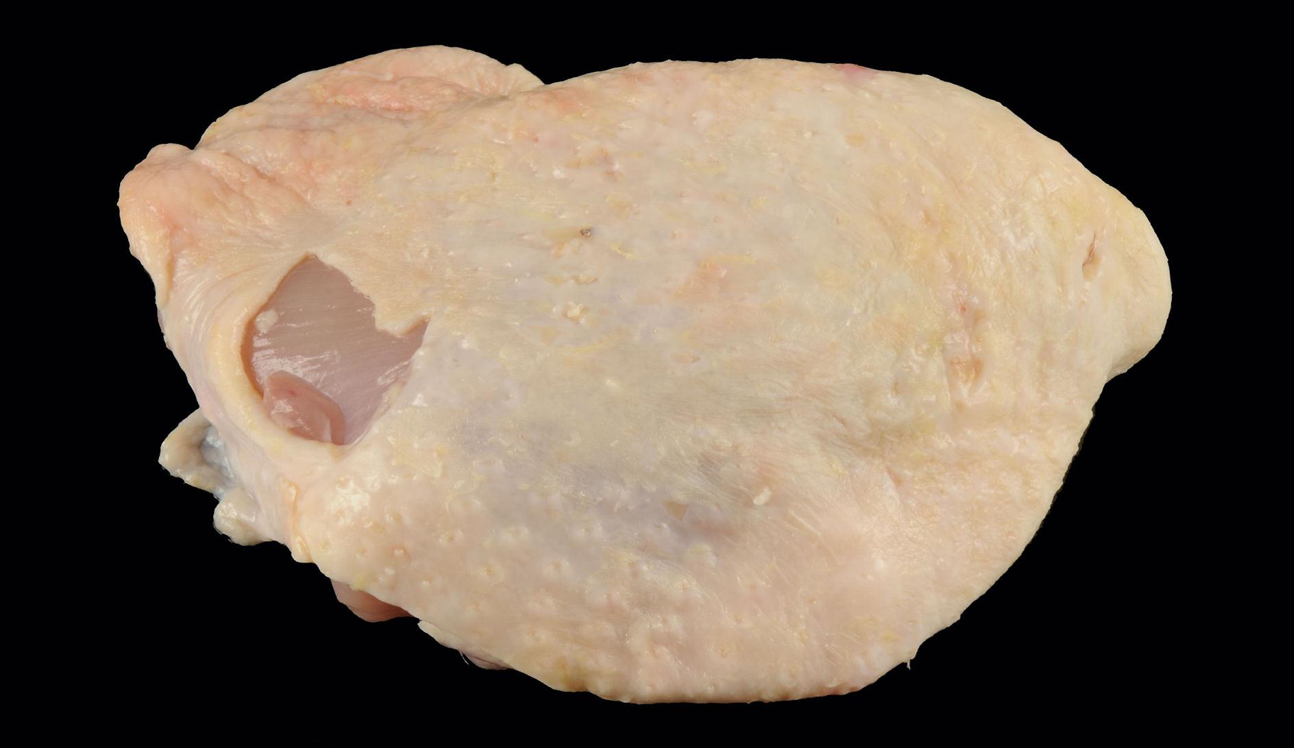 Photograph of Grade B chicken thigh with exposed flesh