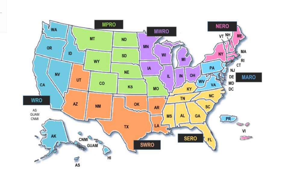 States in the Mid-Atlantic Region, MARO: Delaware, Washington D.C., Maryland, New Jersey, Pennsylvania, Puerto Rico, Virginia, West Virginia. States in the Mid-West Region, MWRO: Illinois, Indiana, Iowa, Michigan, Minnesota, Ohio, Wisconsin. States in the Mountain Plains Region, MPRO: Colorado, Kansas, Missouri, Montana, Nebraska, North Dakota, South Dakota, Wyoming. States in the North East Region, NERO: Connecticut, Maine, Massachusetts, New Hampshire, New York, Rhode Island, Vermont, U.S. Virgin Islands. States in the South East Region, SERO: Alabama, Florida, Georgia, Kentucky, Mississippi, North Carolina, South Carolina, Tennessee. States in the South West Region, SWRO: Arizona, Arkansas, Louisiana, New Mexico, Oklahoma, Texas, Utah. States in the Western Region, WRO: Alaska, American Samoa, California, Commonwealth of the Northern Mariana Islands, Guam, Hawaii, Idaho, Nevada, Oregon, Washington. 