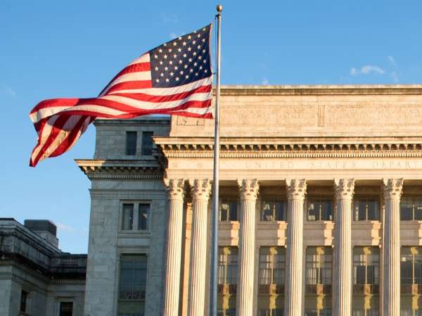 View of a government building with an american flag